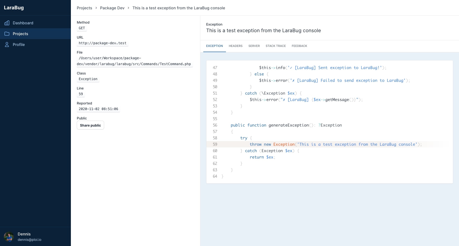 LaraBug Dashboard